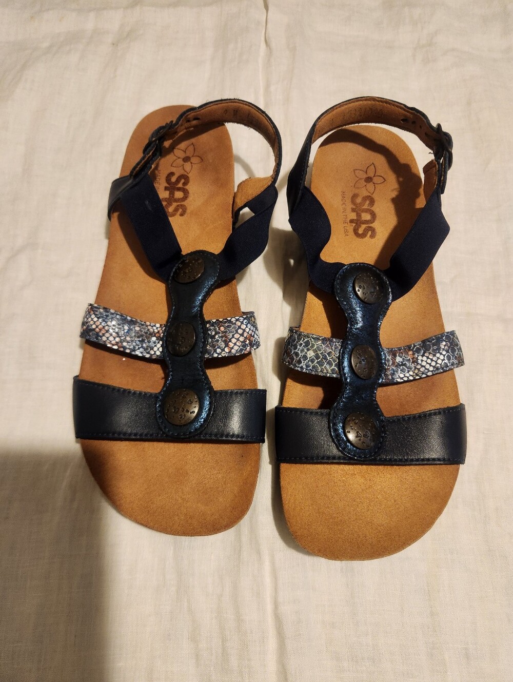SAS Women's Navy Leather Sandals with Metallic Snake-Print Straps Sz 9